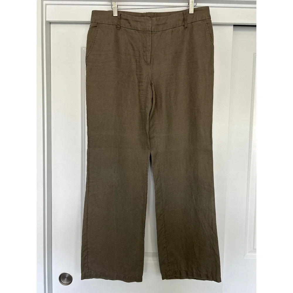 H&M Y2K Womens 100% Linen Wide Leg Trousers Olive Brown Size 12 Mid Rise Pants